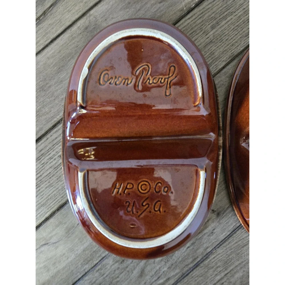 Set Of 2 Divided Oval Serving Dish Hull Oven Proof HP Co. Brown Drip Glaze 11